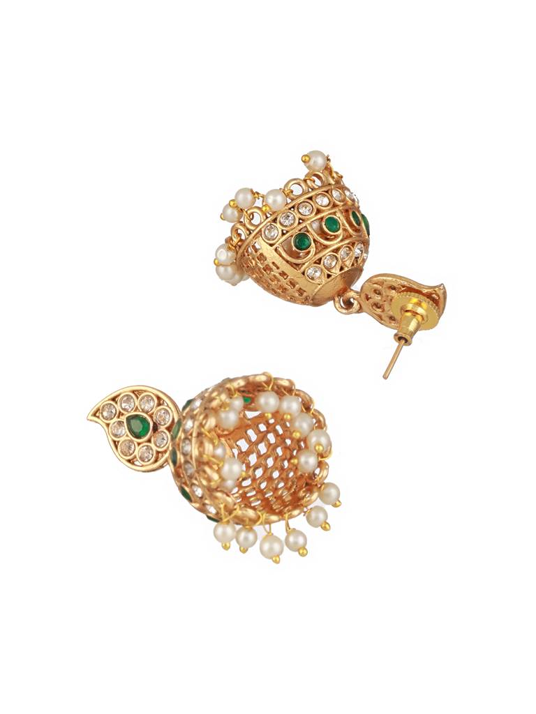 Gold Plated Green Zircon & Pearl Beaded Floral Pipe Pendant Jewellery Set With Jhumka : SJNK2500