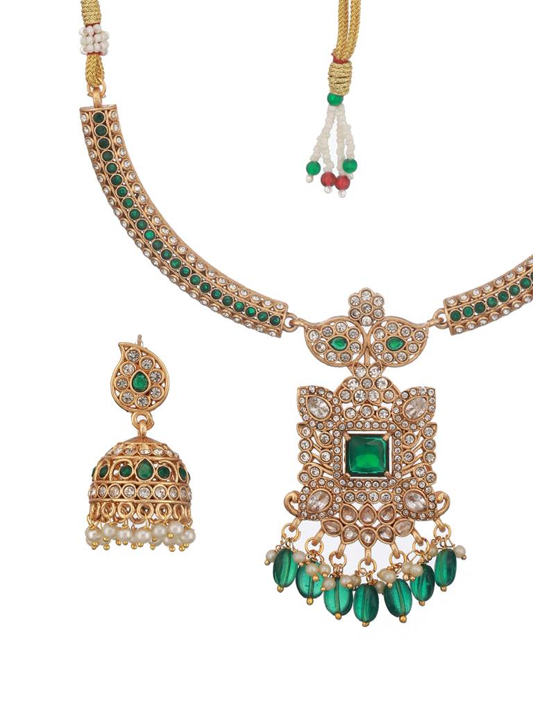 Gold Plated Green Zircon & Pearl Beaded Floral Pipe Pendant Jewellery Set With Jhumka : SJNK2500