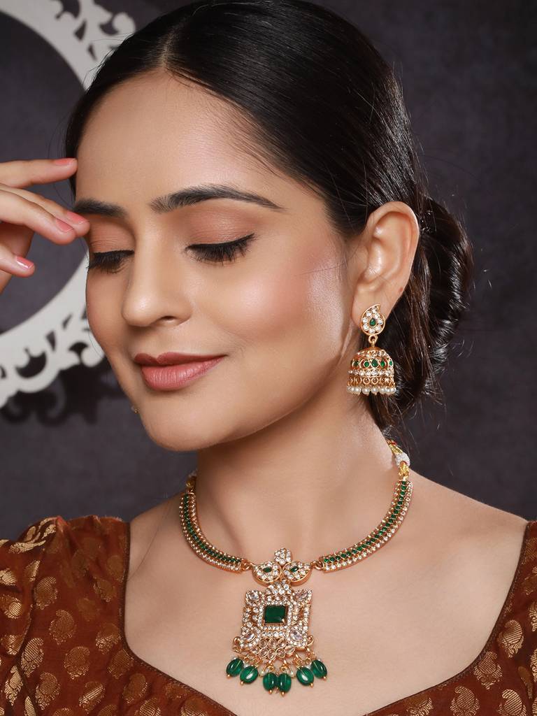 Gold Plated Green Zircon & Pearl Beaded Floral Pipe Pendant Jewellery Set With Jhumka : SJNK2500