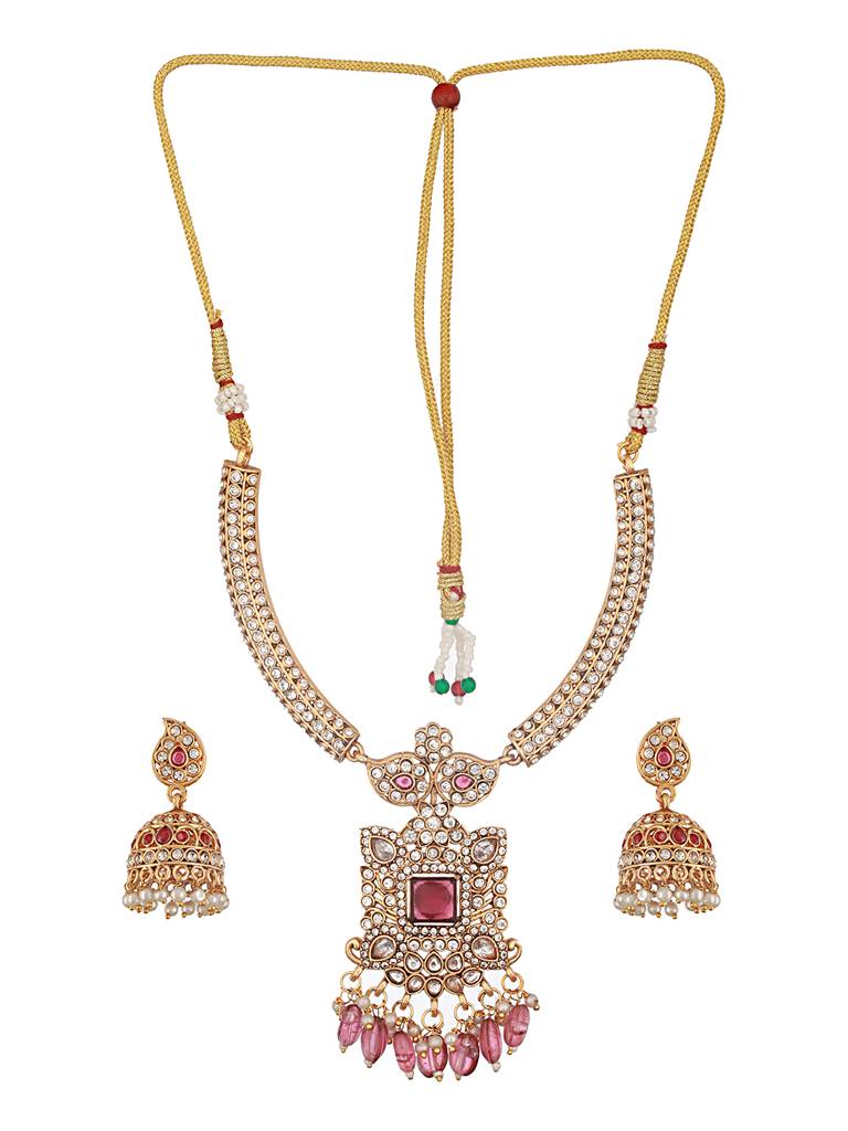 Gold Plated Red Zircon & Pearl Beaded Floral Pipe Pendant Jewellery Set With Jhumka : SJNK2501