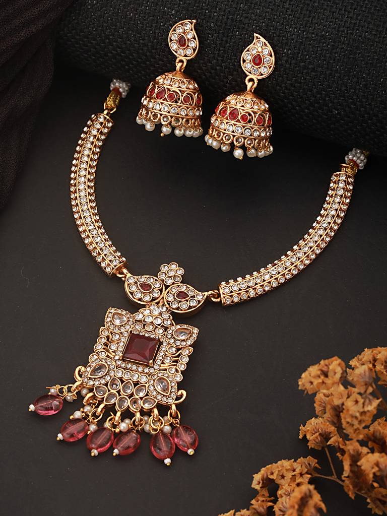 Gold Plated Red Zircon & Pearl Beaded Floral Pipe Pendant Jewellery Set With Jhumka : SJNK2501