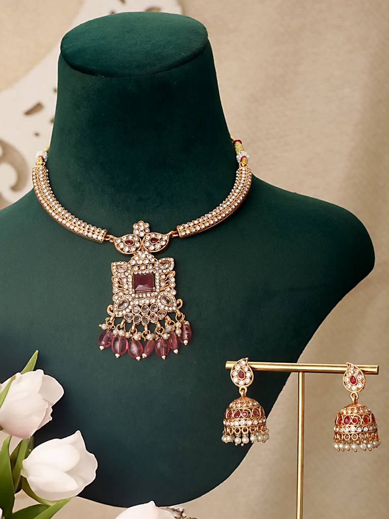 Gold Plated Red Zircon & Pearl Beaded Floral Pipe Pendant Jewellery Set With Jhumka : SJNK2501