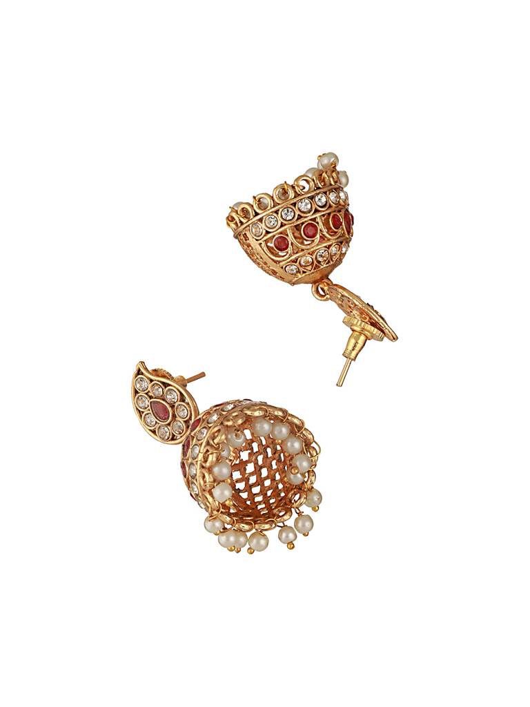 Gold Plated Red Zircon & Pearl Beaded Floral Pipe Pendant Jewellery Set With Jhumka : SJNK2501