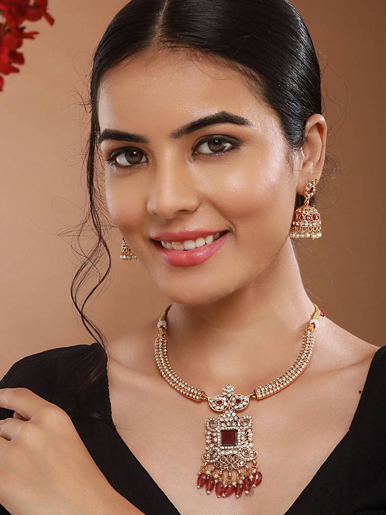 Gold Plated Red Zircon & Pearl Beaded Floral Pipe Pendant Jewellery Set With Jhumka : SJNK2501