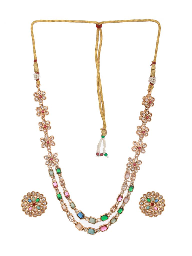 Gold Plated Multicoloured Stones Studded Floral Double Layered Necklace Jewellery Set : SJNK2504
