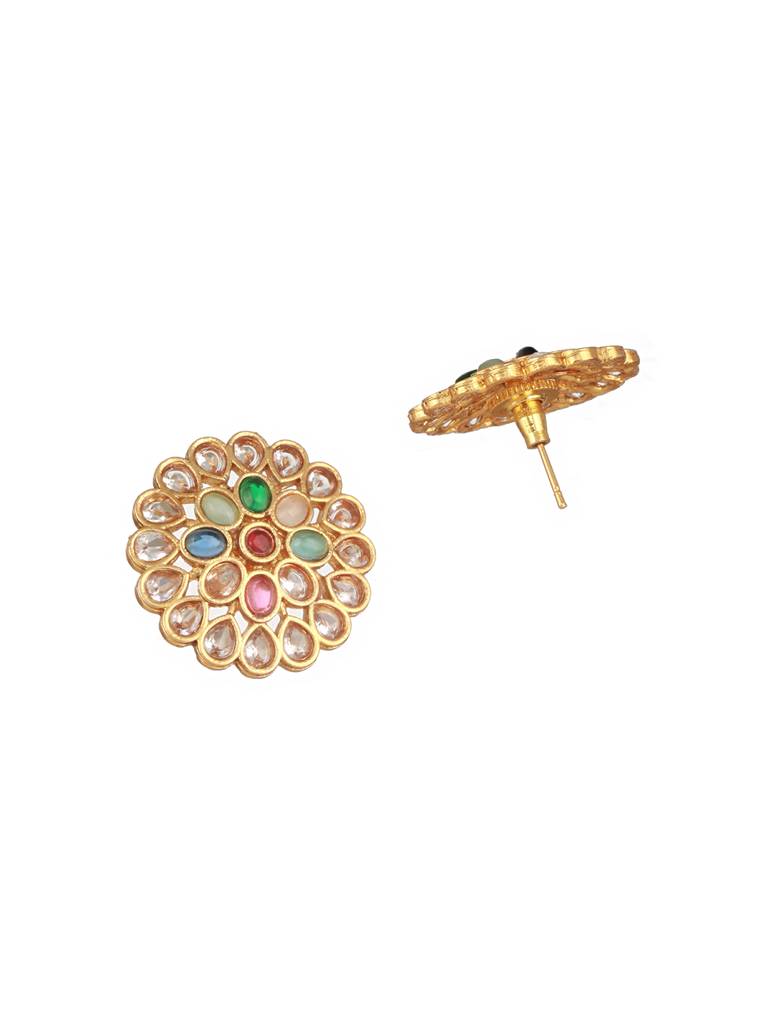 Gold Plated Multicoloured Stones Studded Floral Double Layered Necklace Jewellery Set : SJNK2504