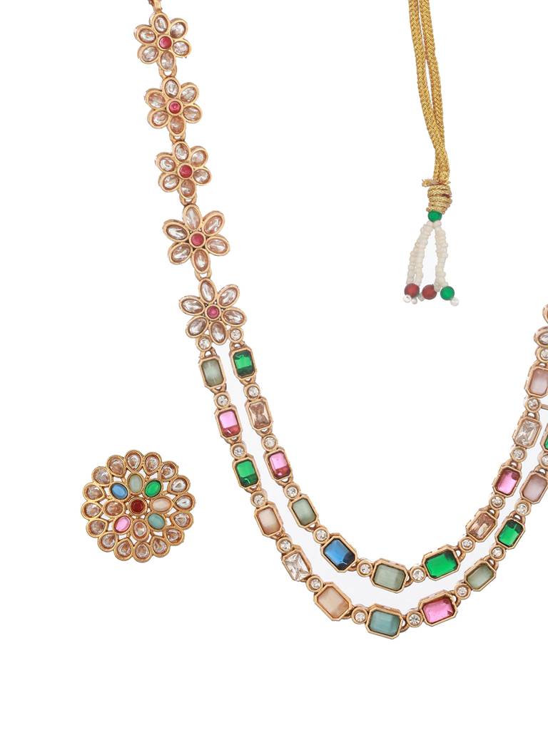 Gold Plated Multicoloured Stones Studded Floral Double Layered Necklace Jewellery Set : SJNK2504