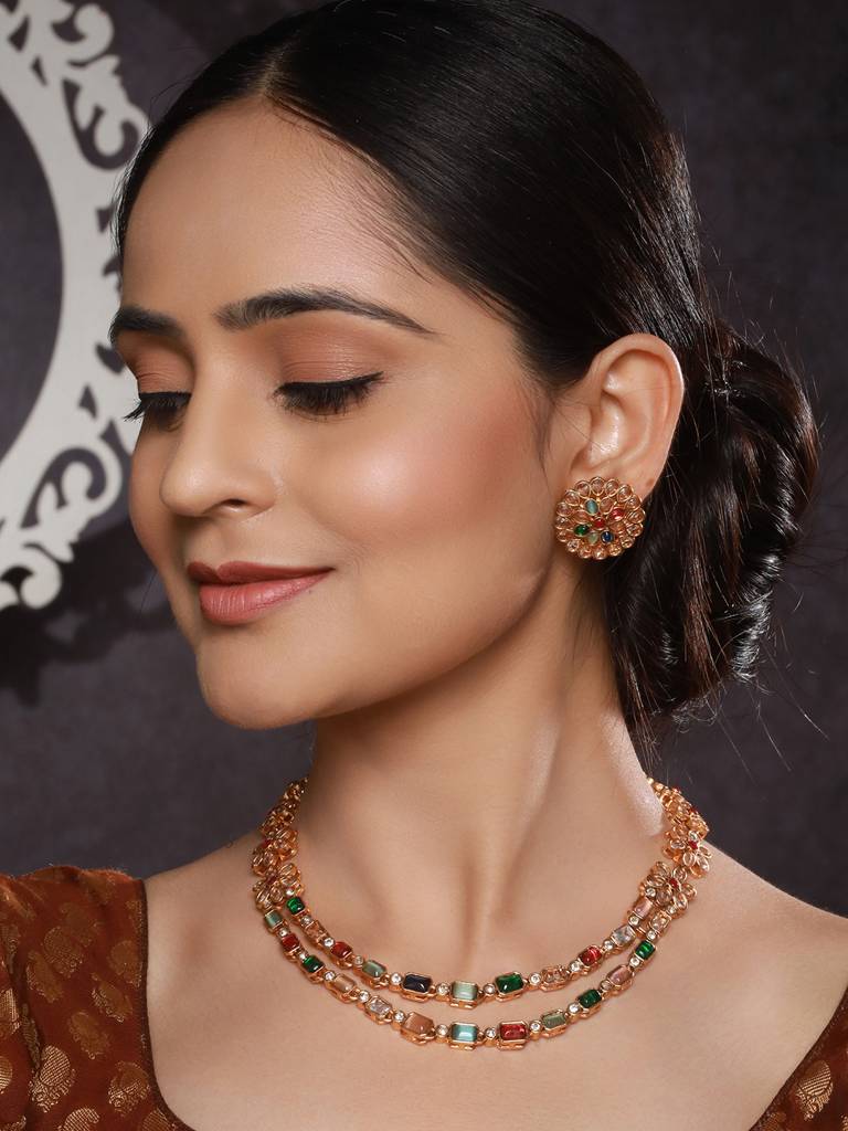 Gold Plated Multicoloured Stones Studded Floral Double Layered Necklace Jewellery Set : SJNK2504