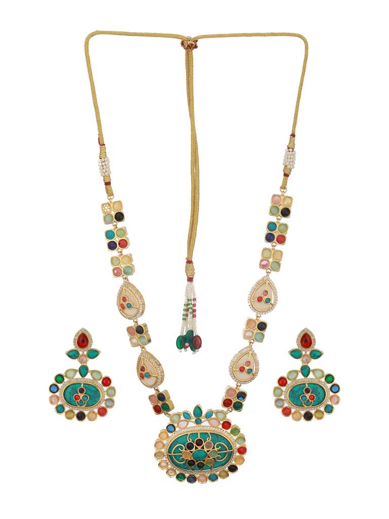 Gold Plated Turquoise Blue Nav Ratan Kundan Floral Raanihaar Jewellery Set : SJNK2505
