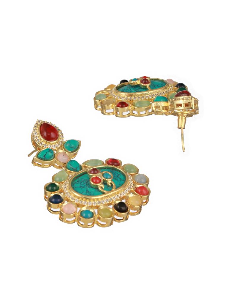Gold Plated Turquoise Blue Nav Ratan Kundan Floral Raanihaar Jewellery Set : SJNK2505