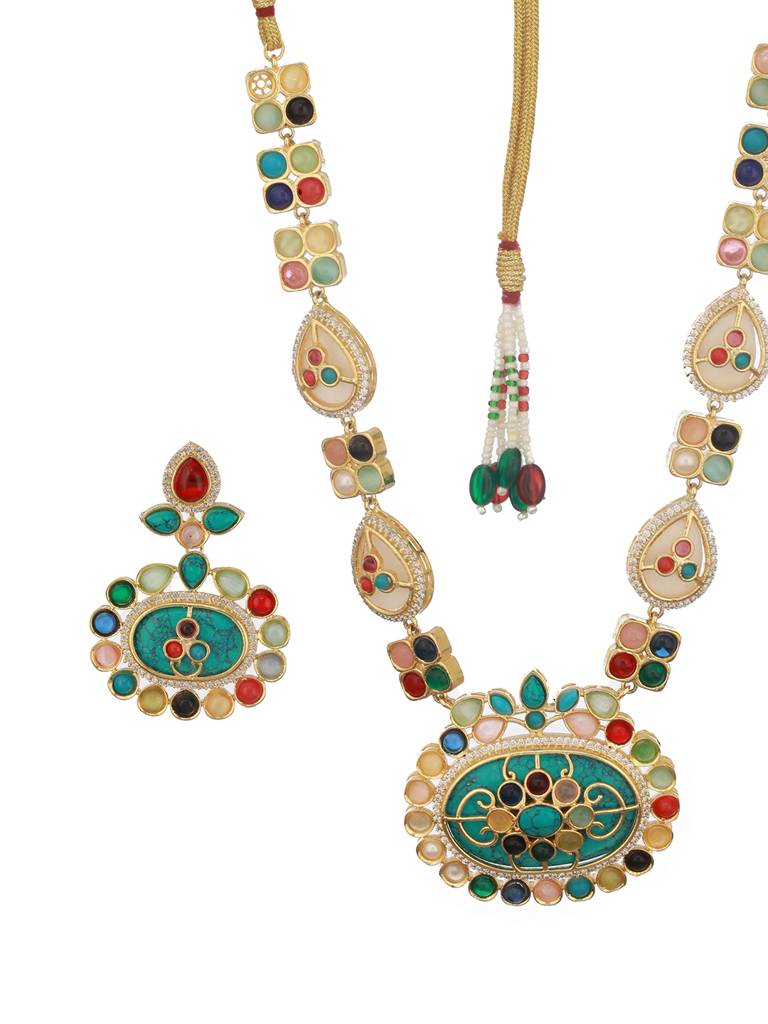 Gold Plated Turquoise Blue Nav Ratan Kundan Floral Raanihaar Jewellery Set : SJNK2505
