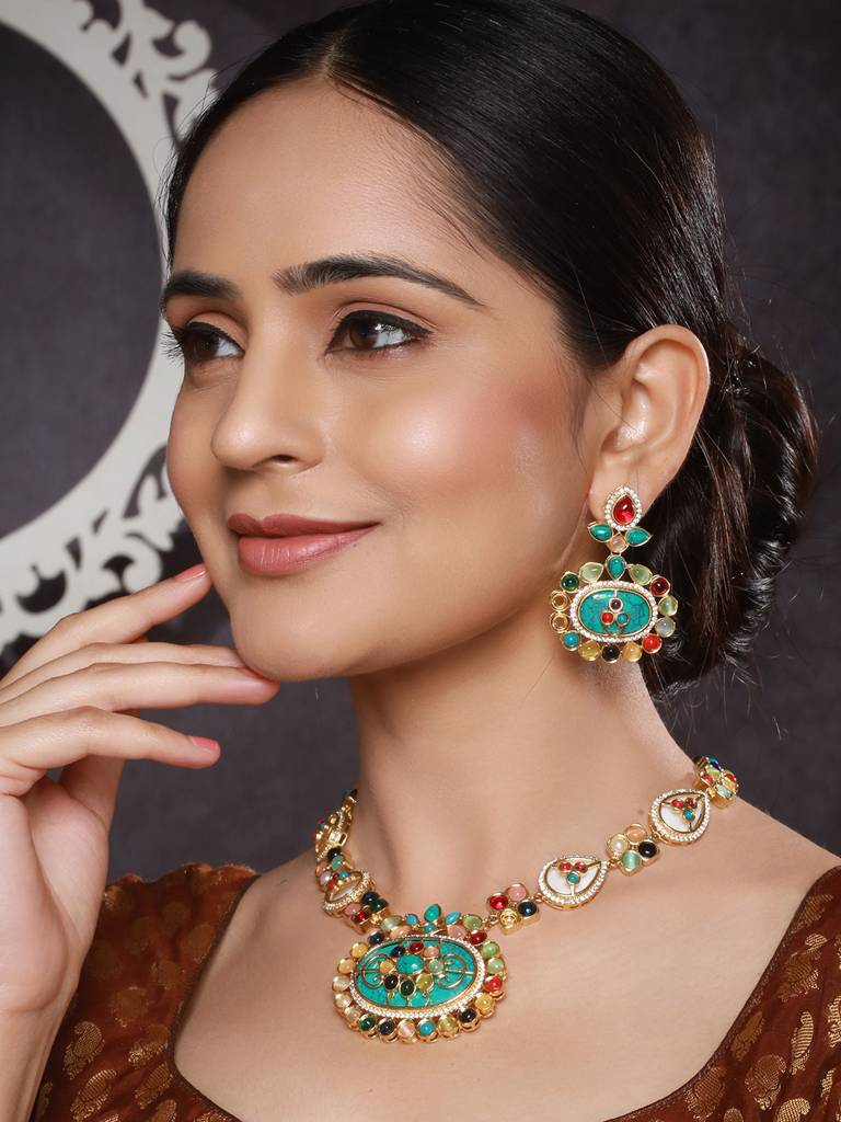 Gold Plated Turquoise Blue Nav Ratan Kundan Floral Raanihaar Jewellery Set : SJNK2505