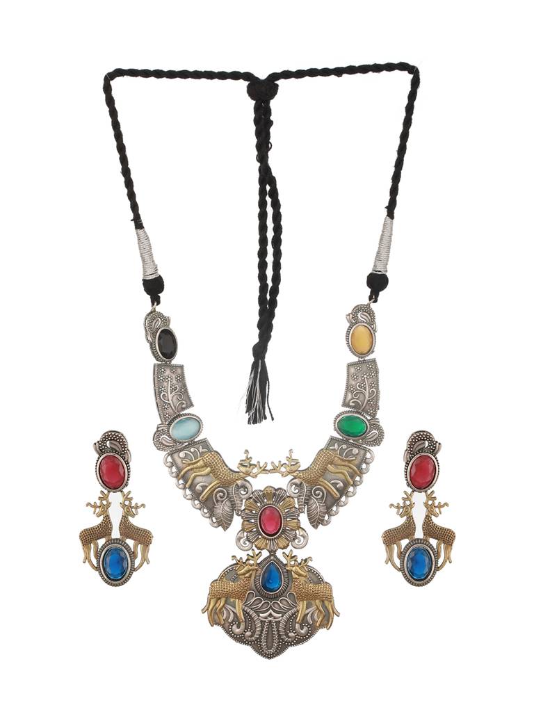 Dual Toned Oxidised Red Stone Studded Brass Handcrafted Deer Motif Intricate Designer Jewellery Set : SJNK2506