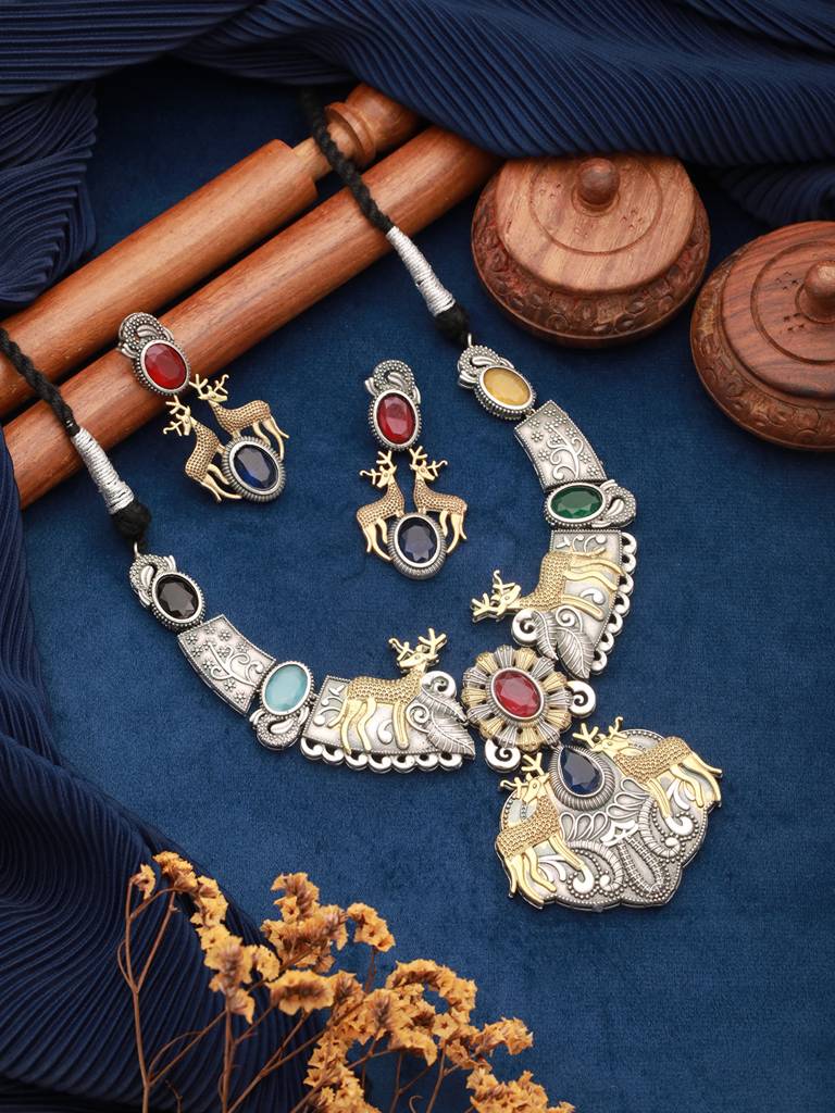 Dual Toned Oxidised Red Stone Studded Brass Handcrafted Deer Motif Intricate Designer Jewellery Set : SJNK2506