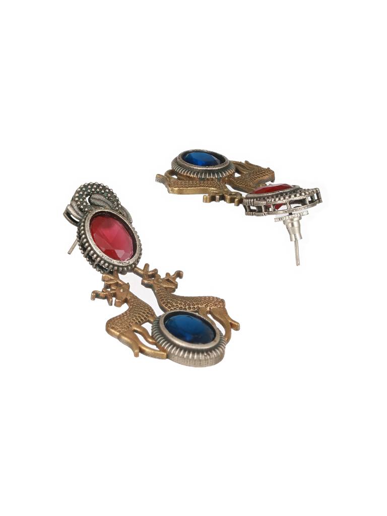 Dual Toned Oxidised Red Stone Studded Brass Handcrafted Deer Motif Intricate Designer Jewellery Set : SJNK2506
