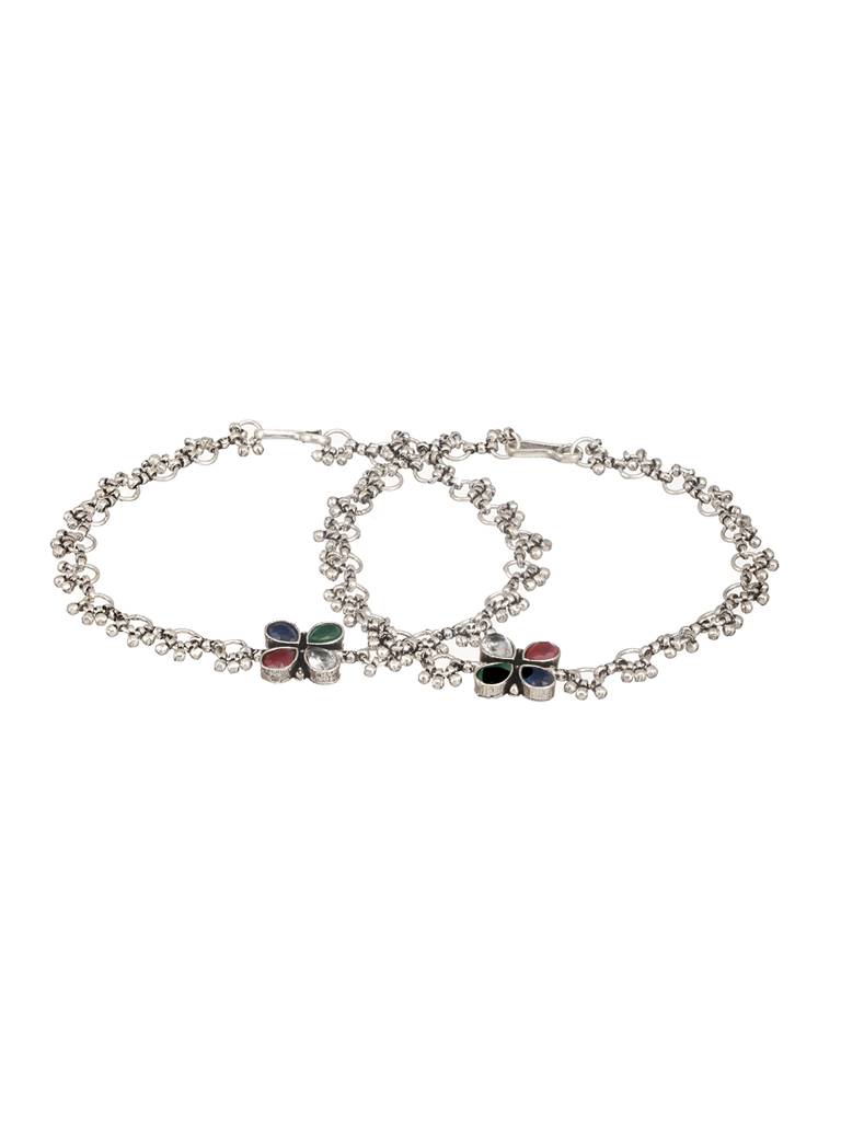 Silver Plated Multicoloured Stone Studded Delicate Floral Payal Anklet : SJPL2510