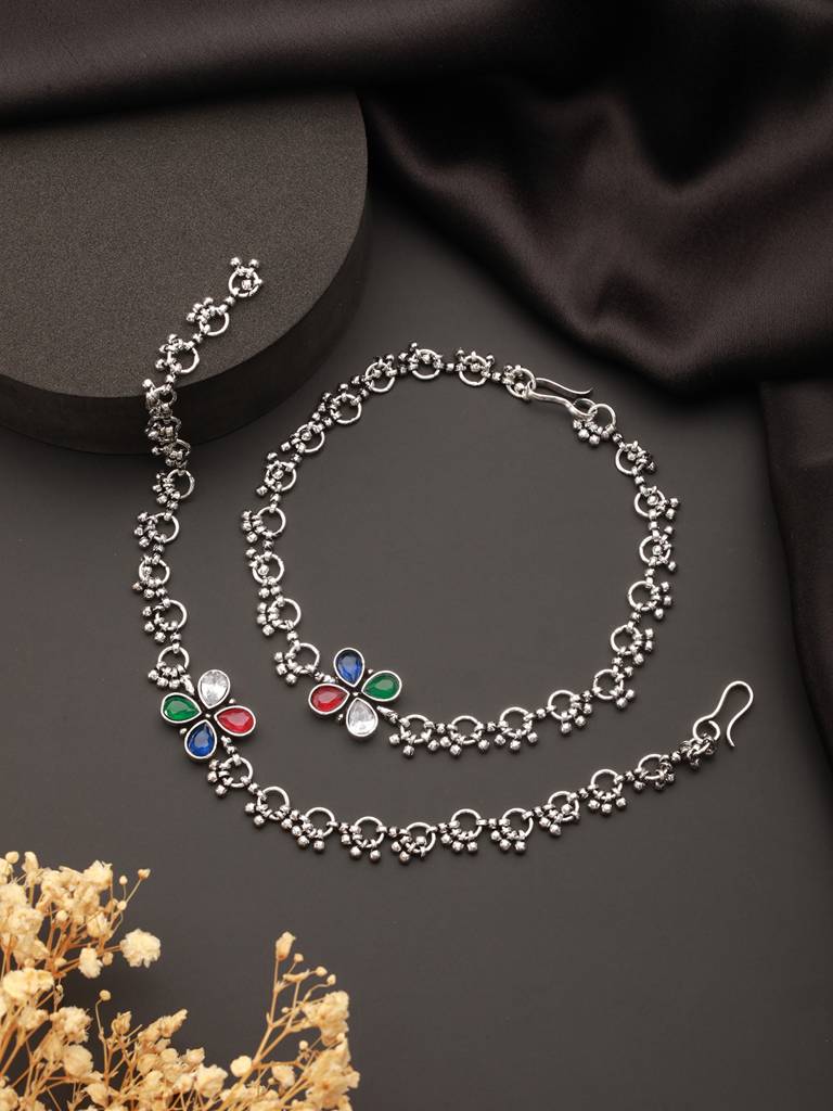 Silver Plated Multicoloured Stone Studded Delicate Floral Payal