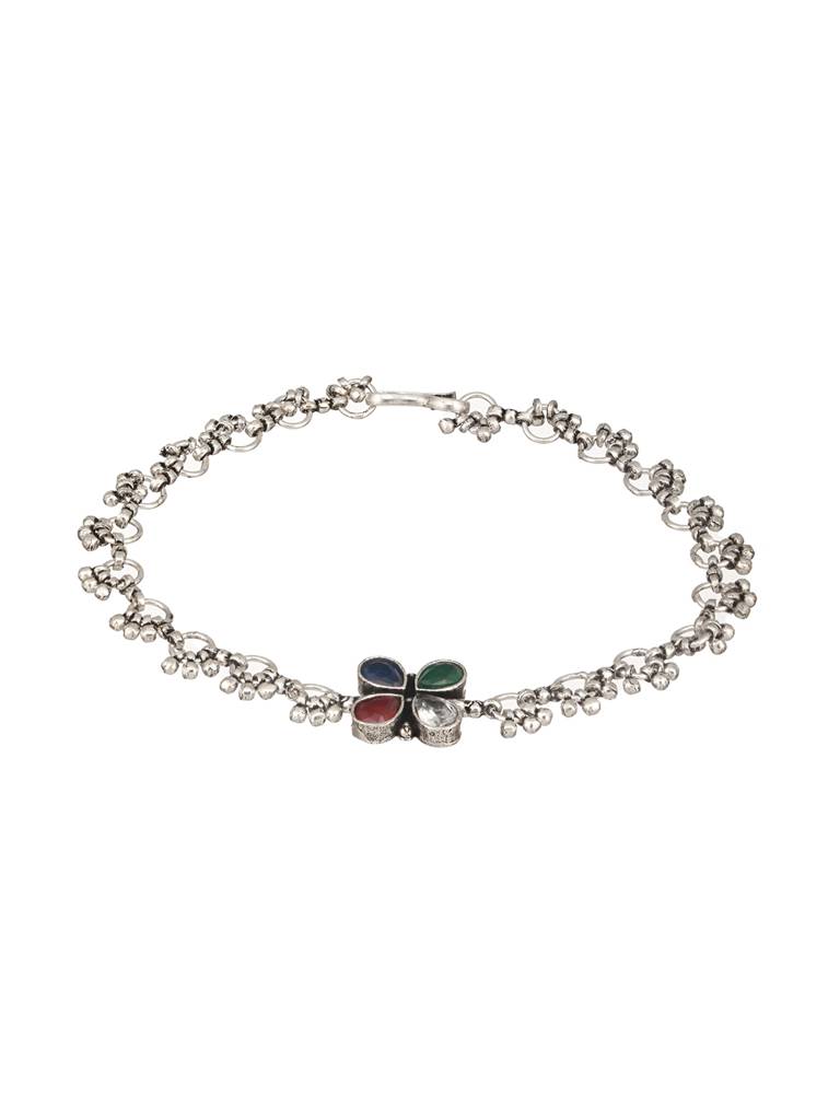 Silver Plated Multicoloured Stone Studded Delicate Floral Payal Anklet : SJPL2510
