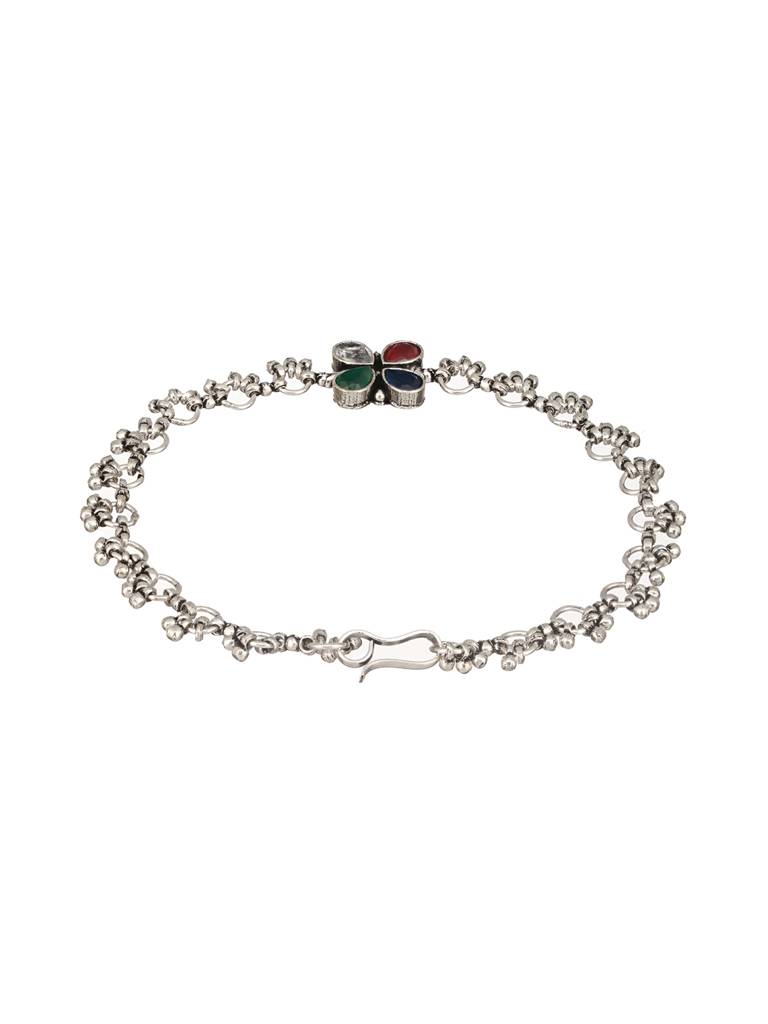 Silver Plated Multicoloured Stone Studded Delicate Floral Payal Anklet : SJPL2510