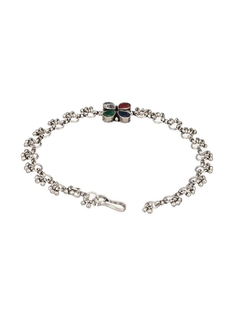 Silver Plated Multicoloured Stone Studded Delicate Floral Payal Anklet : SJPL2510