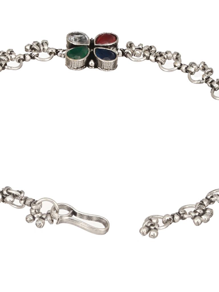 Silver Plated Multicoloured Stone Studded Delicate Floral Payal Anklet : SJPL2510