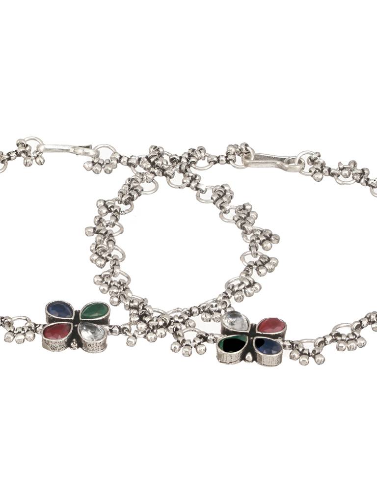 Silver Plated Multicoloured Stone Studded Delicate Floral Payal Anklet : SJPL2510