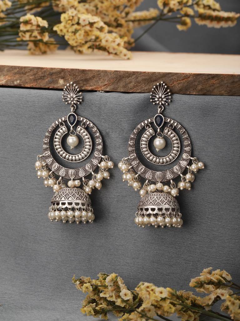 Silver Toned Oxidised Blue Ad Studded Handcrafted Contemporary Chandbali Jhumkas Earrings : SJER2511