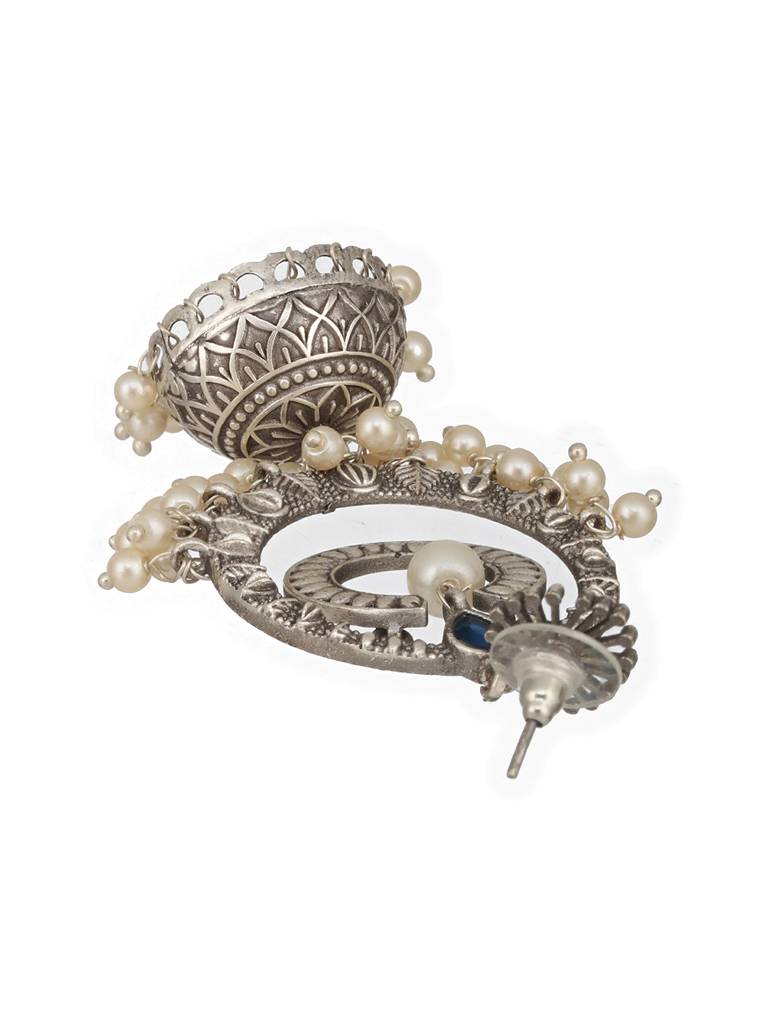 Silver Toned Oxidised Blue Ad Studded Handcrafted Contemporary Chandbali Jhumkas Earrings : SJER2511