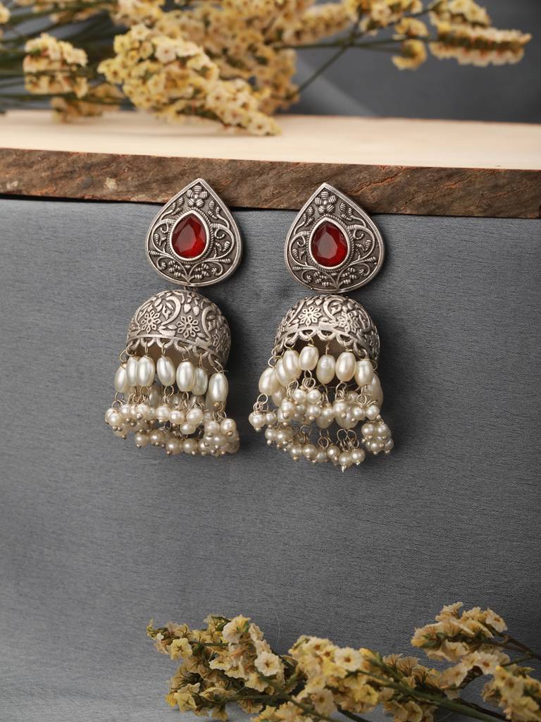 Silver Toned Oxidised Red Ruby Ad Studded Handcrafted Contemporary Jhumkas Earrings : SJER2512