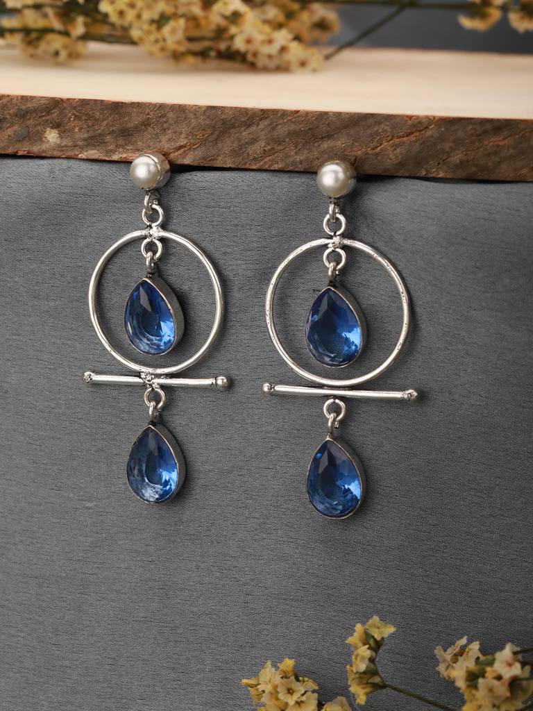 Silver Oxidised Plted Blue Stone Ad Minimal  T-Shaped Hoop Earrings : SJER2513