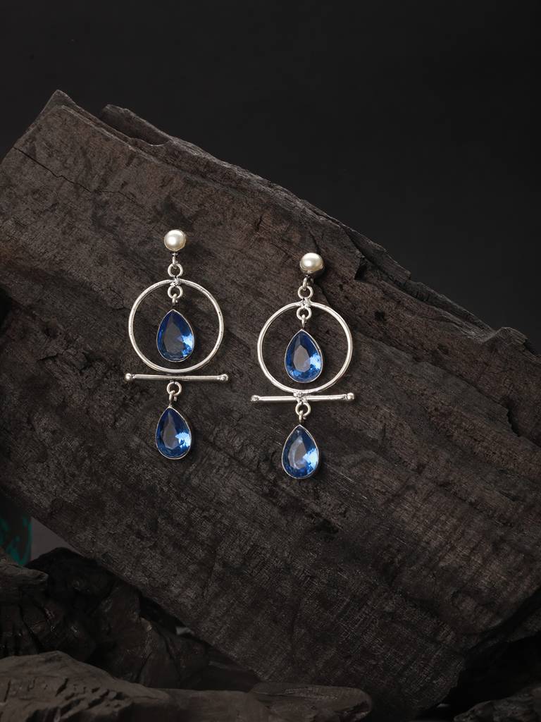 Silver Oxidised Plted Blue Stone Ad Minimal  T-Shaped Hoop Earrings : SJER2513