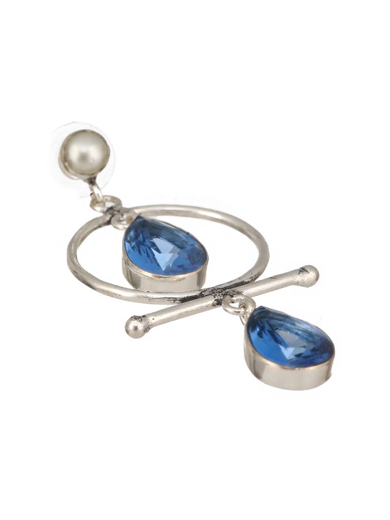 Silver Oxidised Plted Blue Stone Ad Minimal  T-Shaped Hoop Earrings : SJER2513