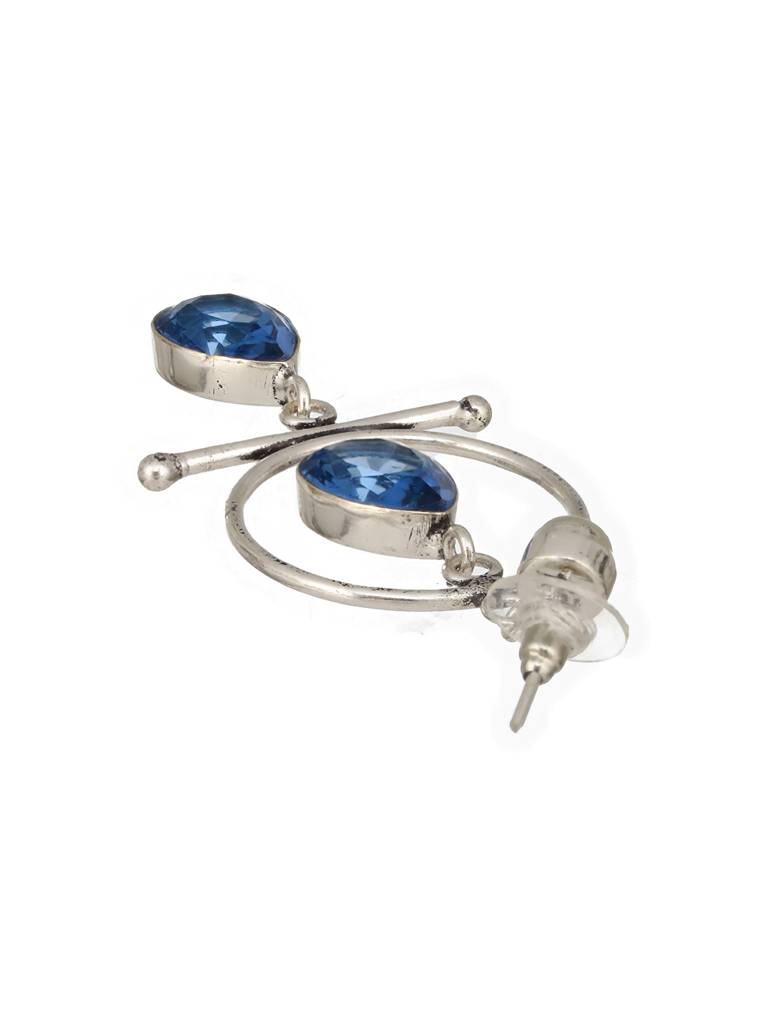 Silver Oxidised Plted Blue Stone Ad Minimal  T-Shaped Hoop Earrings : SJER2513