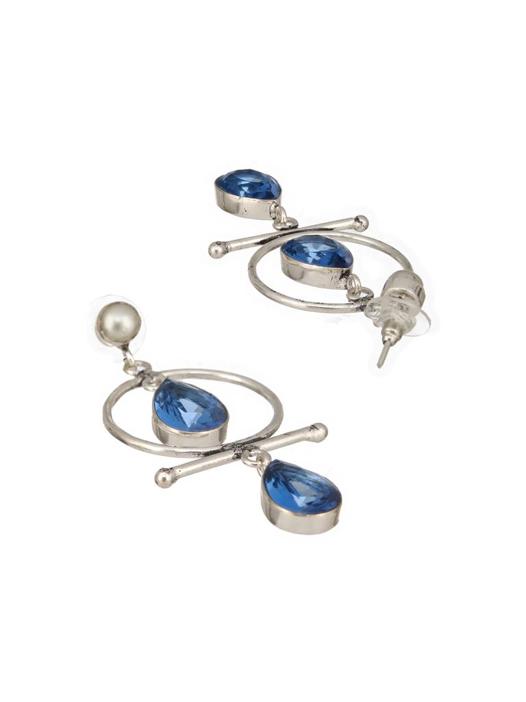 Silver Oxidised Plted Blue Stone Ad Minimal  T-Shaped Hoop Earrings : SJER2513