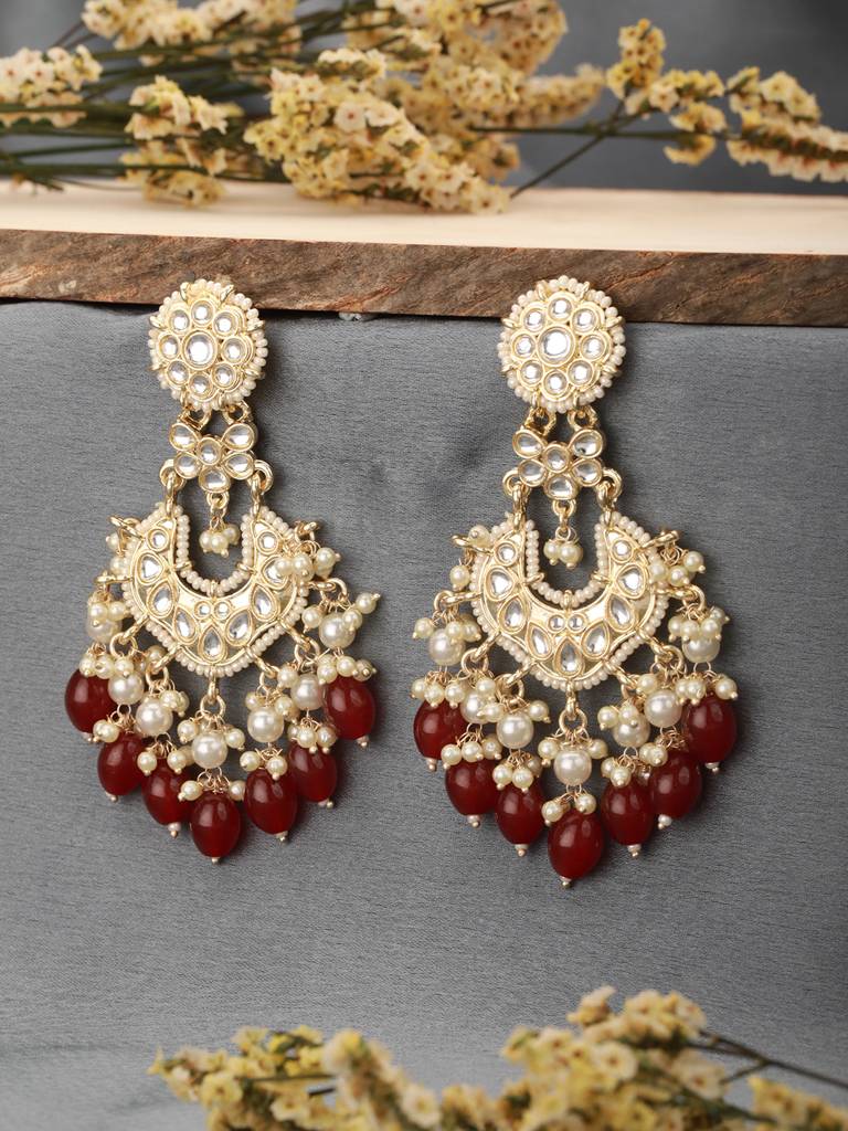 Gold Toned Kundan Maroon Pearl Beaded Delicate Floral Chandbali
