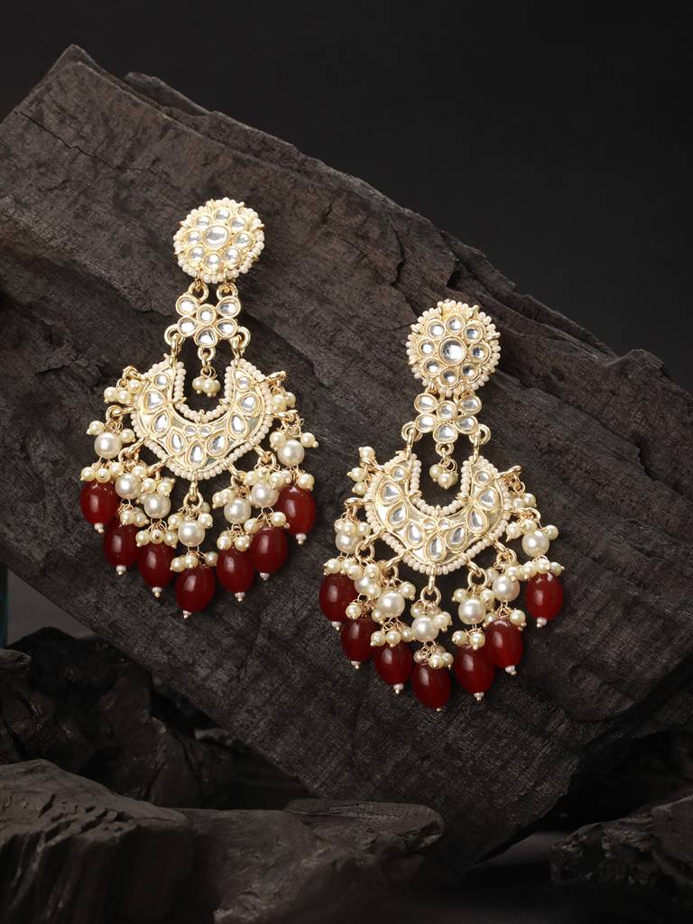 Gold Toned Kundan &  Maroon Pearl Beaded Delicate Floral Chandbali Earrings : SJER2514