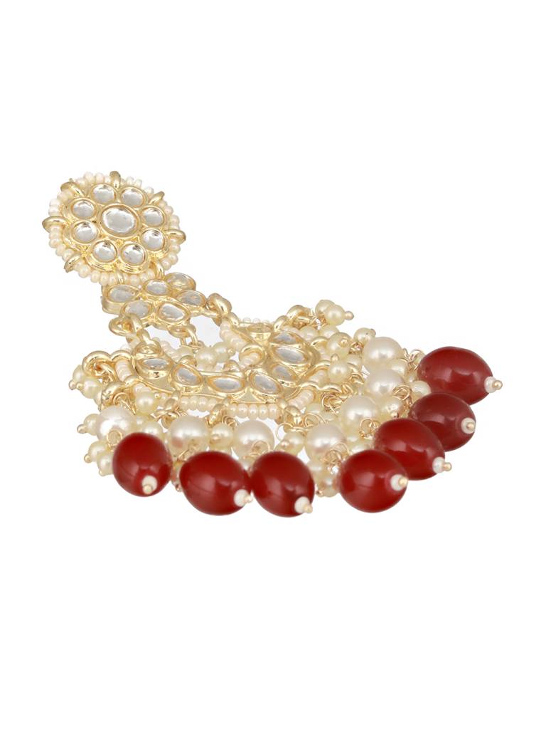 Gold Toned Kundan &  Maroon Pearl Beaded Delicate Floral Chandbali Earrings : SJER2514