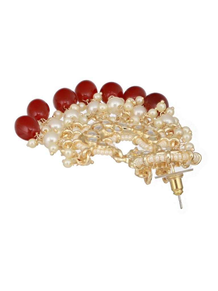Gold Toned Kundan &  Maroon Pearl Beaded Delicate Floral Chandbali Earrings : SJER2514