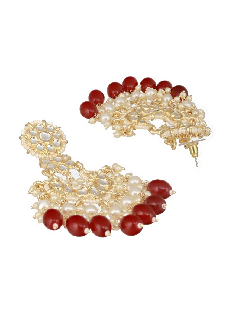 Gold Toned Kundan &  Maroon Pearl Beaded Delicate Floral Chandbali Earrings : SJER2514
