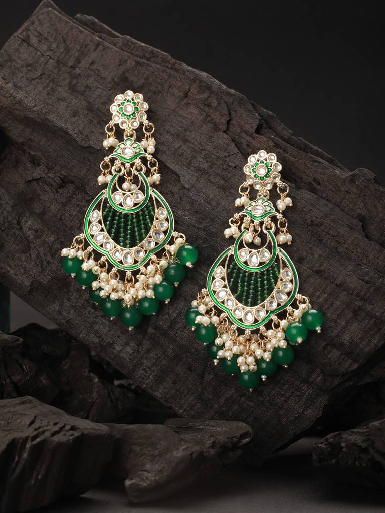 Gold Toned Kundan Emerald Green Pearl Beaded Handcrafted