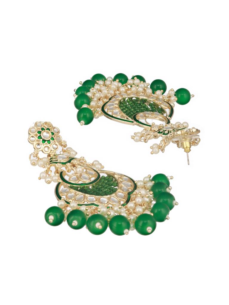 Gold Toned Kundan & Emerald Green Pearl Beaded Handcrafted Chandbali Earrings : SJER2515