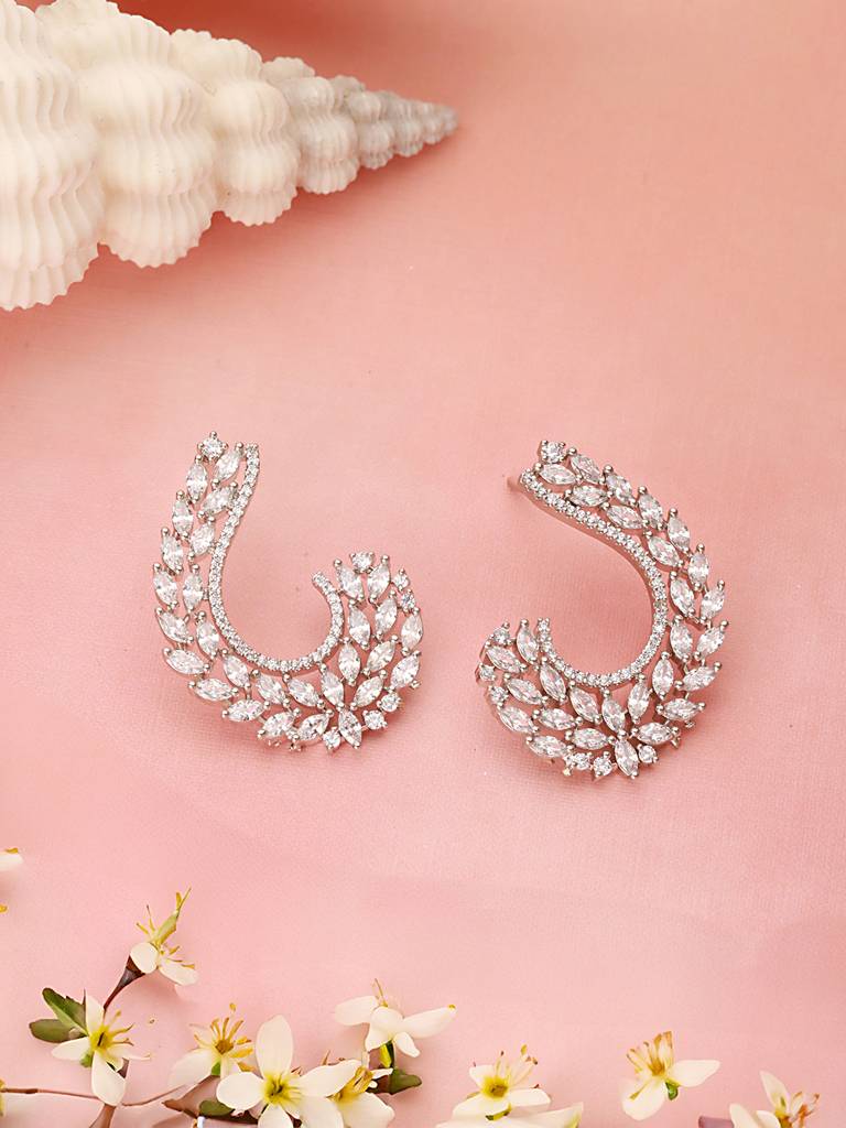 Silver Toned Zircon Studded Handcrafted Feather Shaped C Hoop Earrings : SJER2518