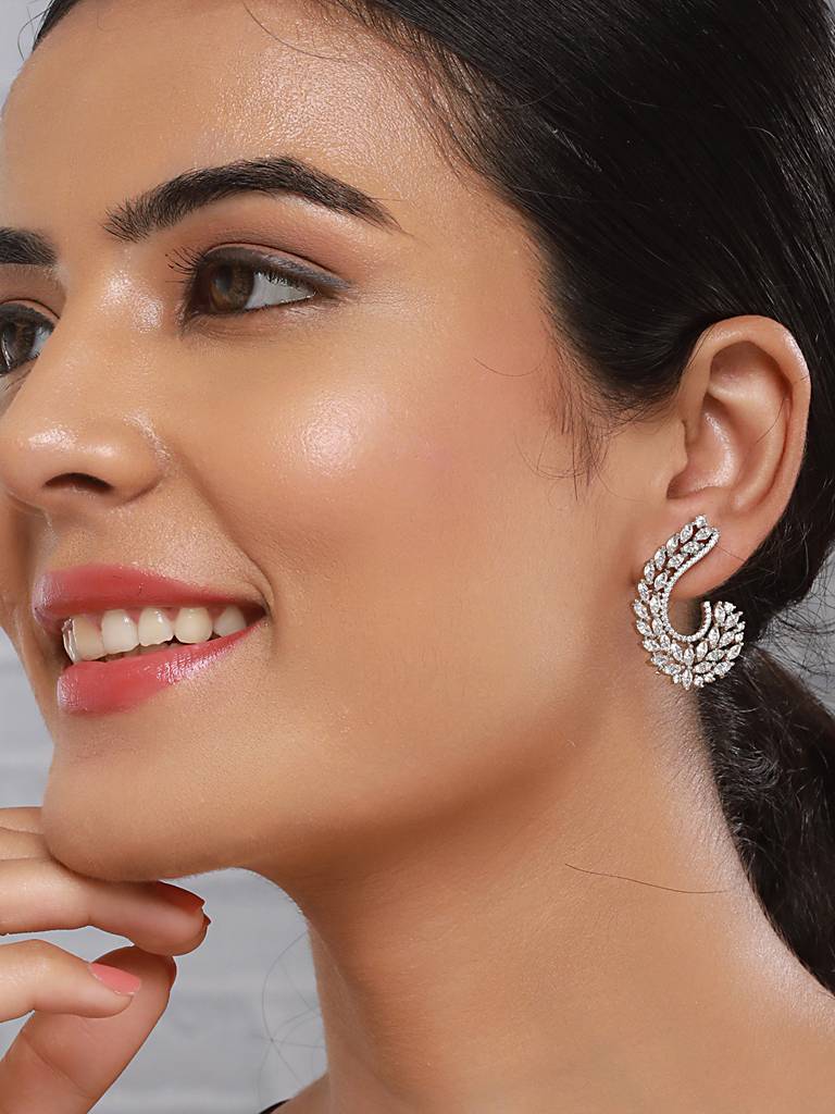 Silver Toned Zircon Studded Handcrafted Feather Shaped C Hoop Earrings : SJER2518