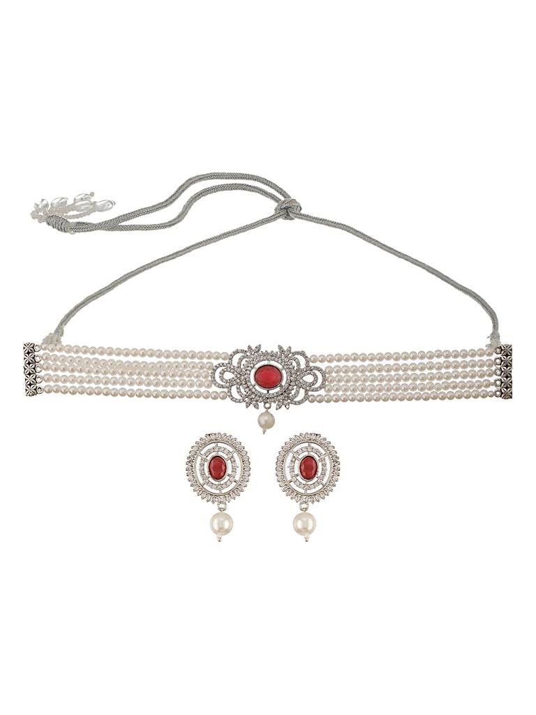 Silver Toned Red Ruby Studded Pearl Beaded Choker Jewellery Set : SJNK2521
