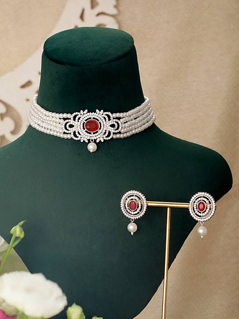Silver Toned Red Ruby Studded Pearl Beaded Choker Jewellery Set : SJNK2521