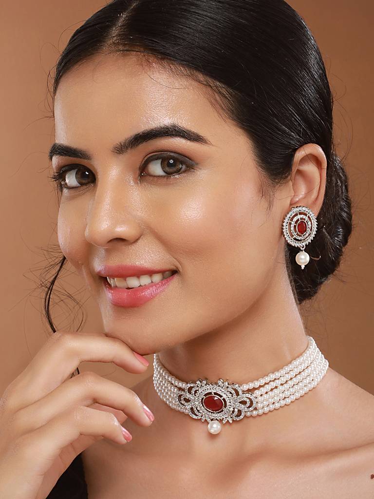 Silver Toned Red Ruby Studded Pearl Beaded Choker Jewellery Set : SJNK2521