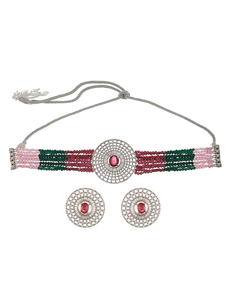 Silver Plated Ruby Red Studded Pearl Beaded Studds Earrings With Choker Jewellery Set : SJNK2522