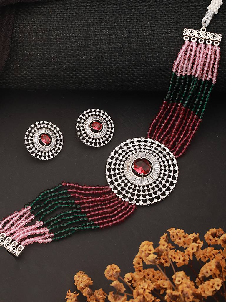 Silver Plated Ruby Red Studded Pearl Beaded Studds Earrings With Choker Jewellery Set : SJNK2522