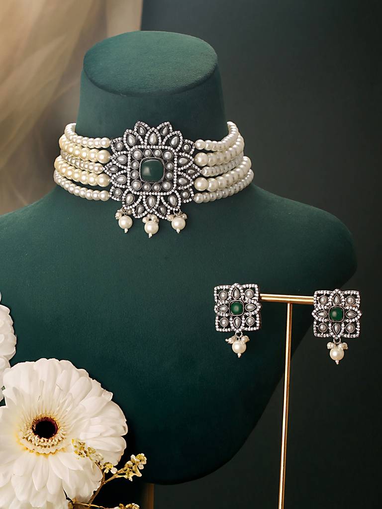 Silver Oxidised Victorian Ad Studded Pearl Beaded Luxe Choker Jewellery Set : SJNK2523