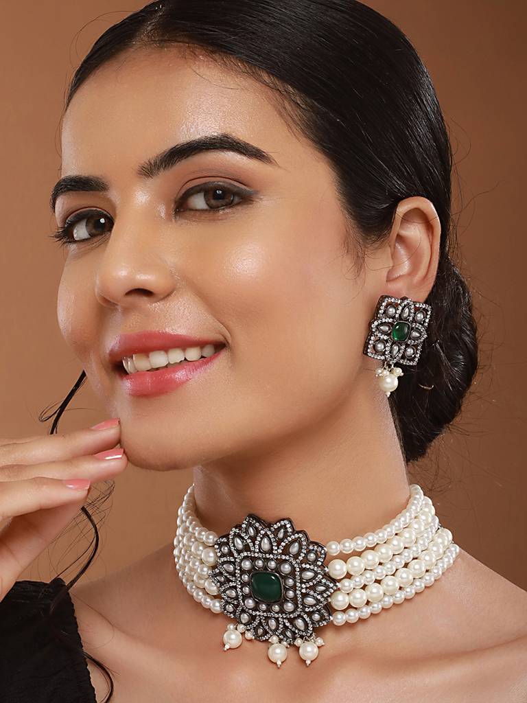 Silver Oxidised Victorian Ad Studded Pearl Beaded Luxe Choker Jewellery Set : SJNK2523